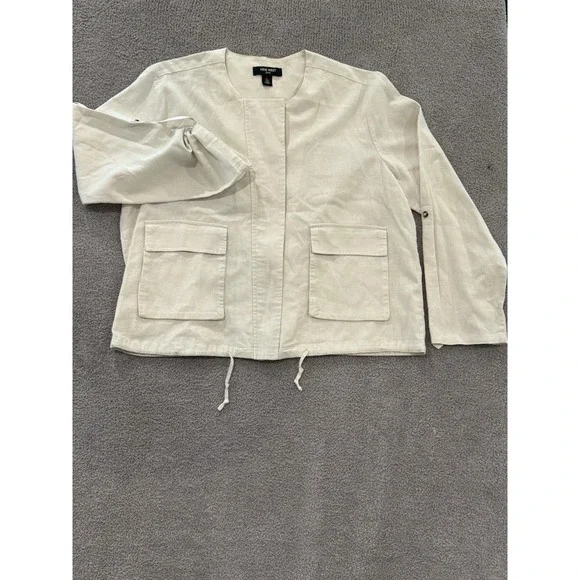 Nine West Jeans Jacket Women's Large Beige Linen Blend Utility Zip Front Drawstr - Picture 1 of 5